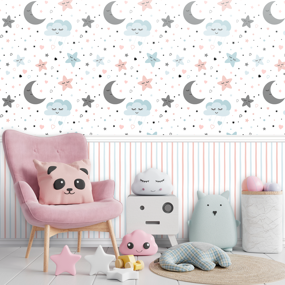 Papel De Parede Personalizado Lua, Nuvens E Estrelas Com Listras