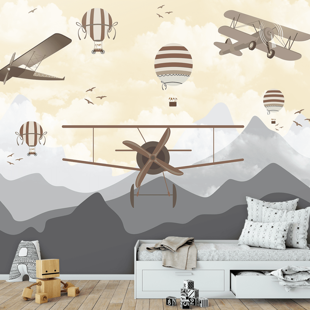 Papel De Parede Personalizado Aviões e Balões Brown