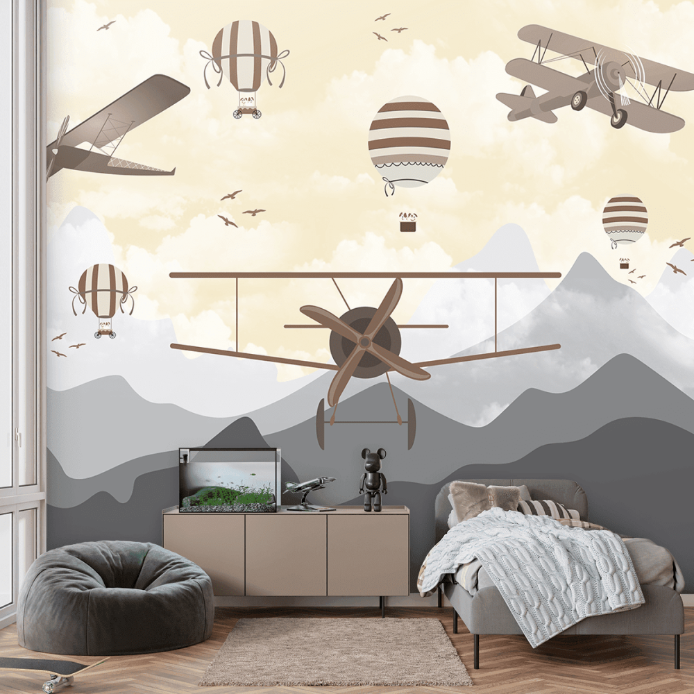 Papel De Parede Personalizado Aviões e Balões Brown