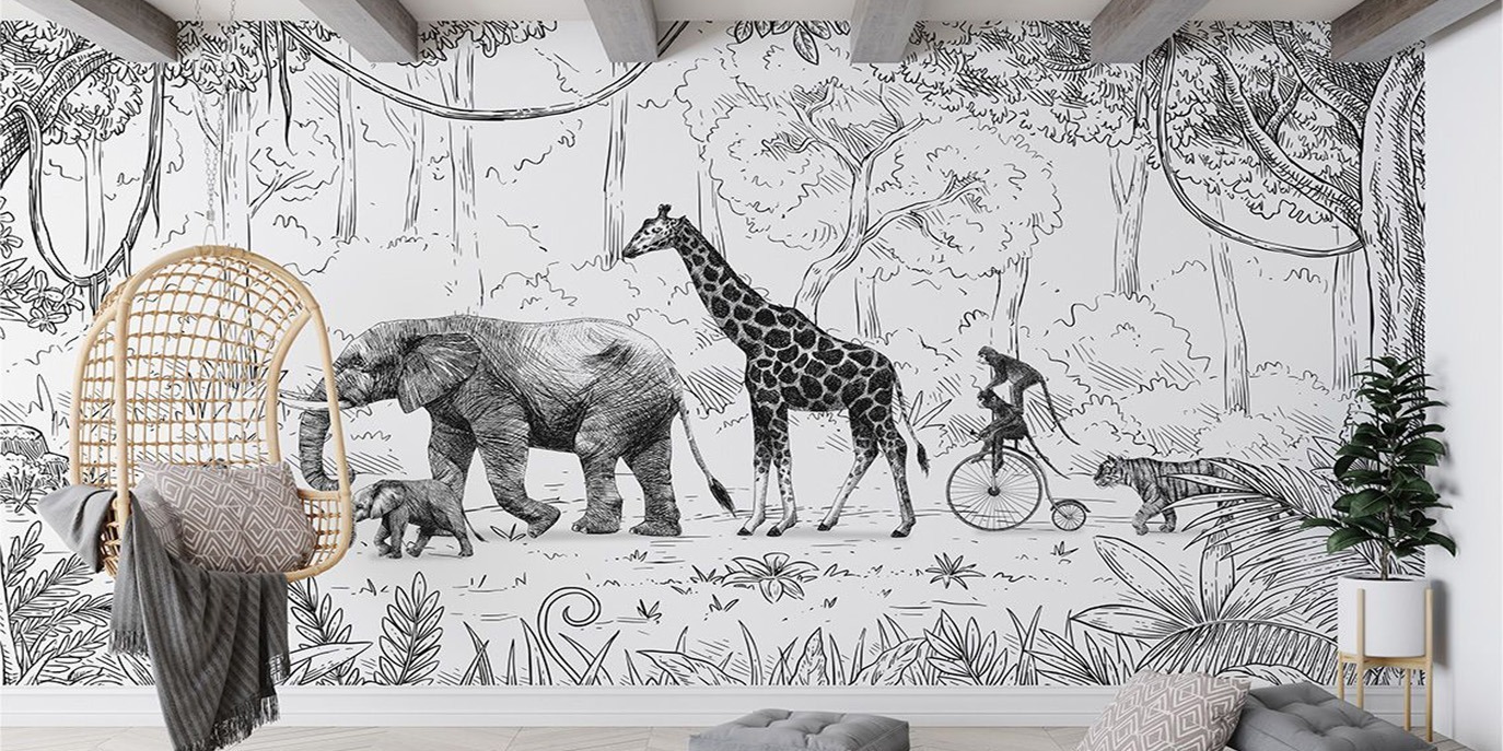 Papel De Parede Mural Desfile de Animais - Preto e Branco