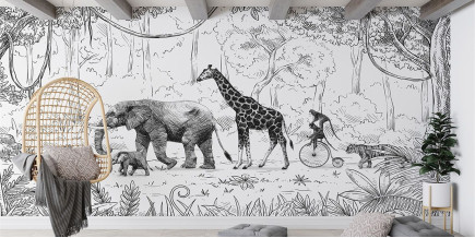 Papel De Parede Mural Desfile de Animais - Preto e Branco
