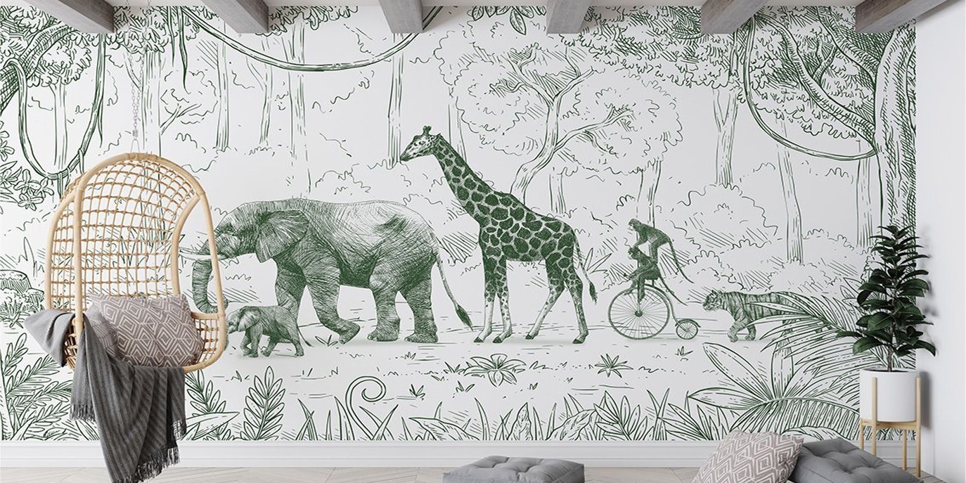 Papel De Parede Mural Desfile de Animais - Verde