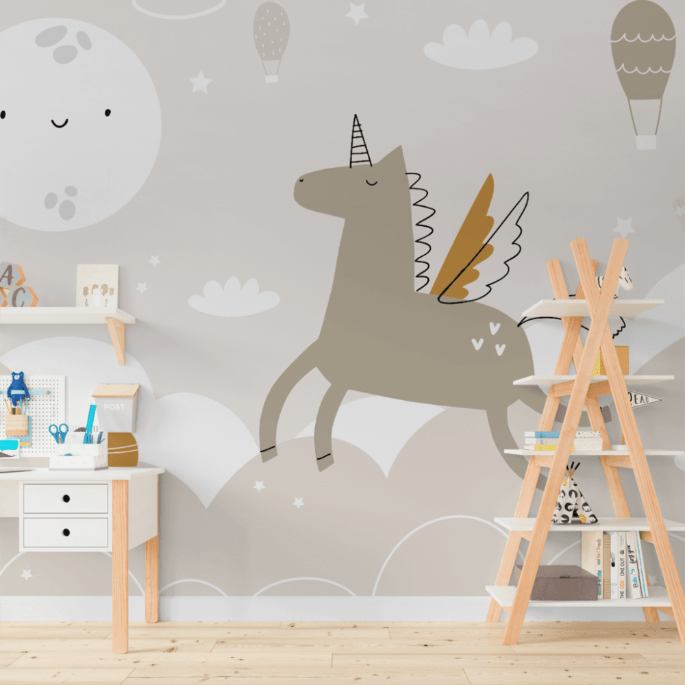 Papel de Parede Personalizado Unicórnio no Céu em Tons Pastéis Papel de Parede Personalizado Unicórnio no Céu em Tons Pastéis