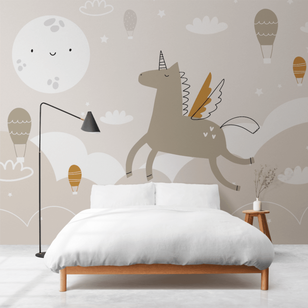 Papel de Parede Personalizado Unicórnio no Céu em Tons Pastéis Papel de Parede Personalizado Unicórnio no Céu em Tons Pastéis