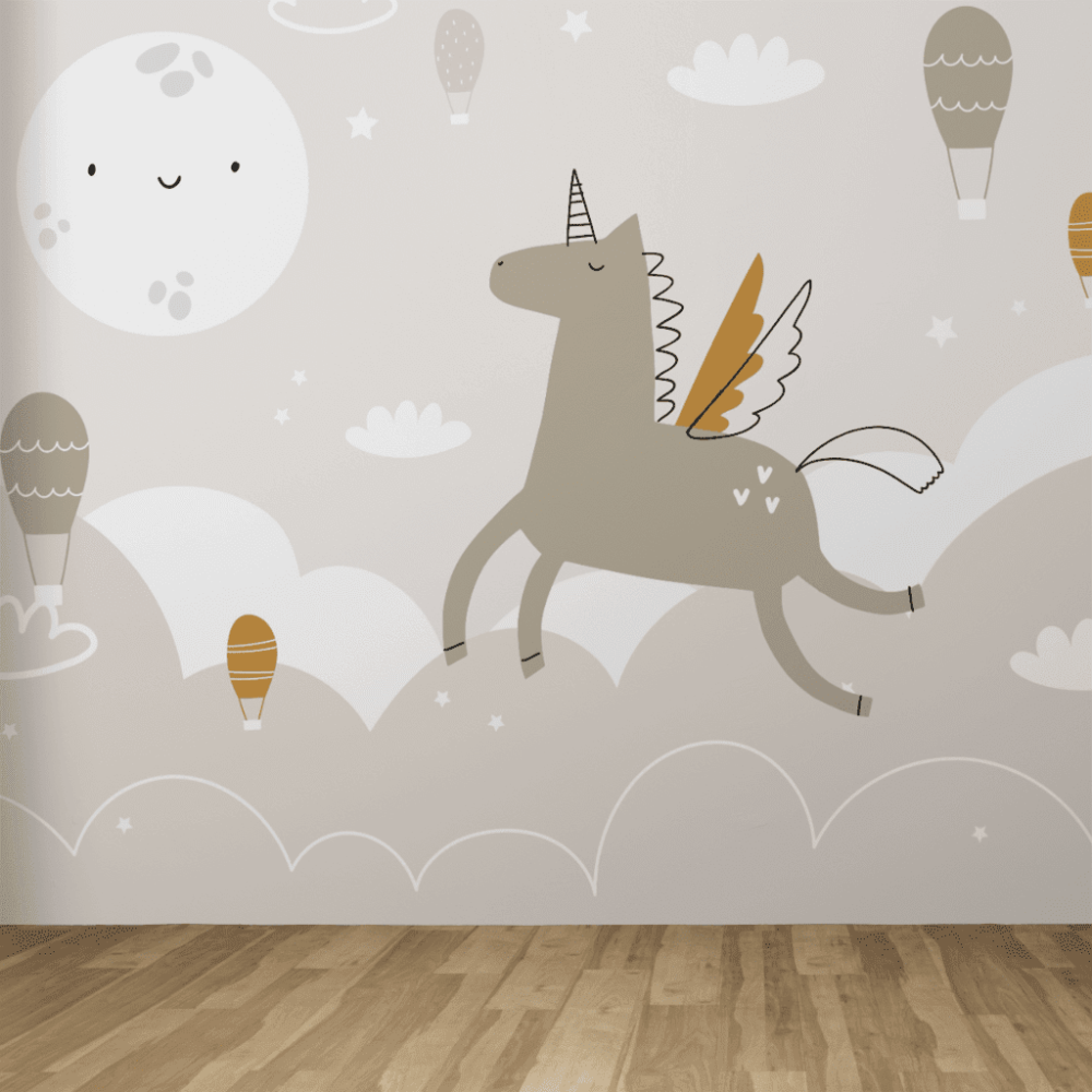 Papel de Parede Personalizado Unicórnio no Céu em Tons Pastéis Papel de Parede Personalizado Unicórnio no Céu em Tons Pastéis